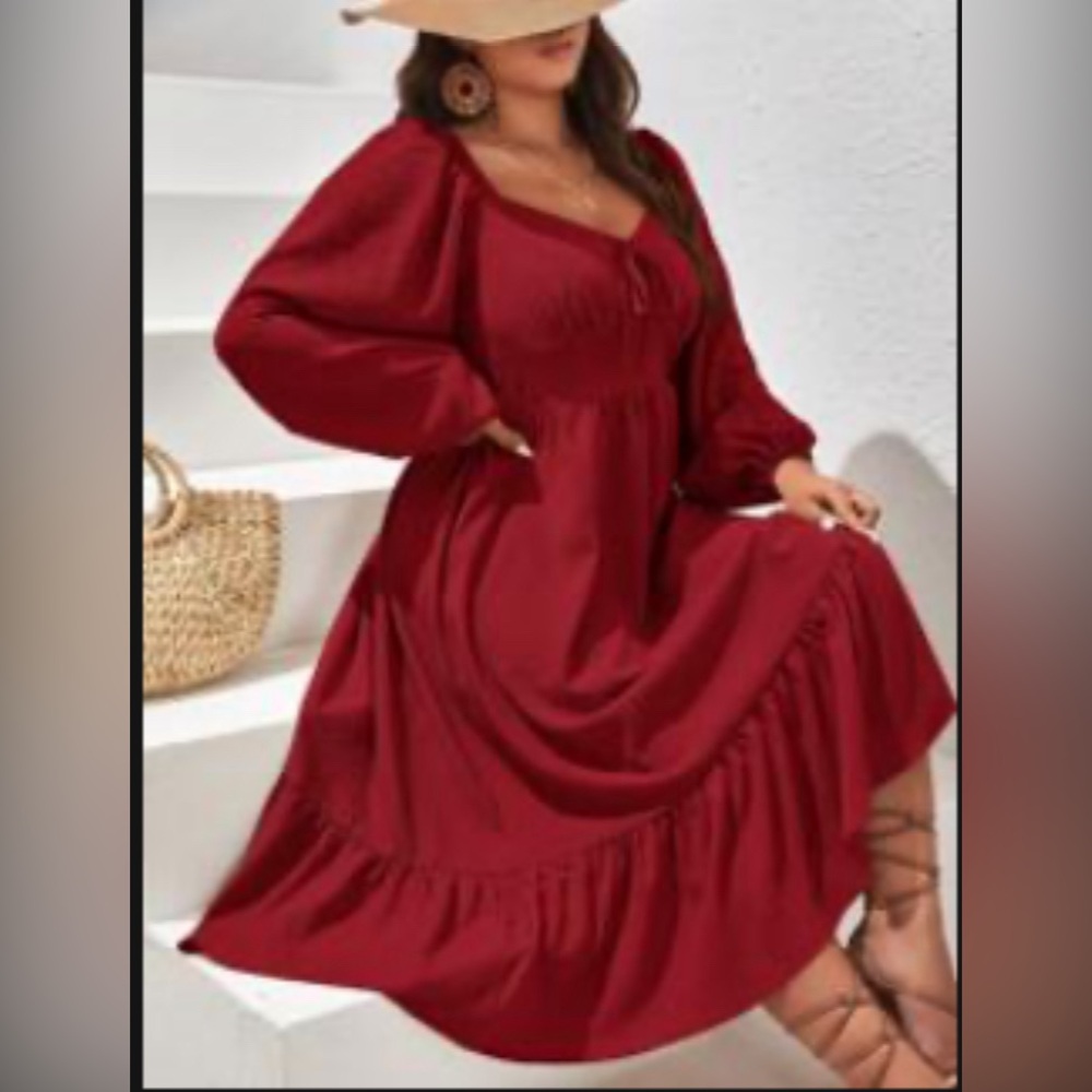 SHEIN VCAY - Sweetheart Neck Lantern Sleeve Ruffle Hem Dress (4XL)